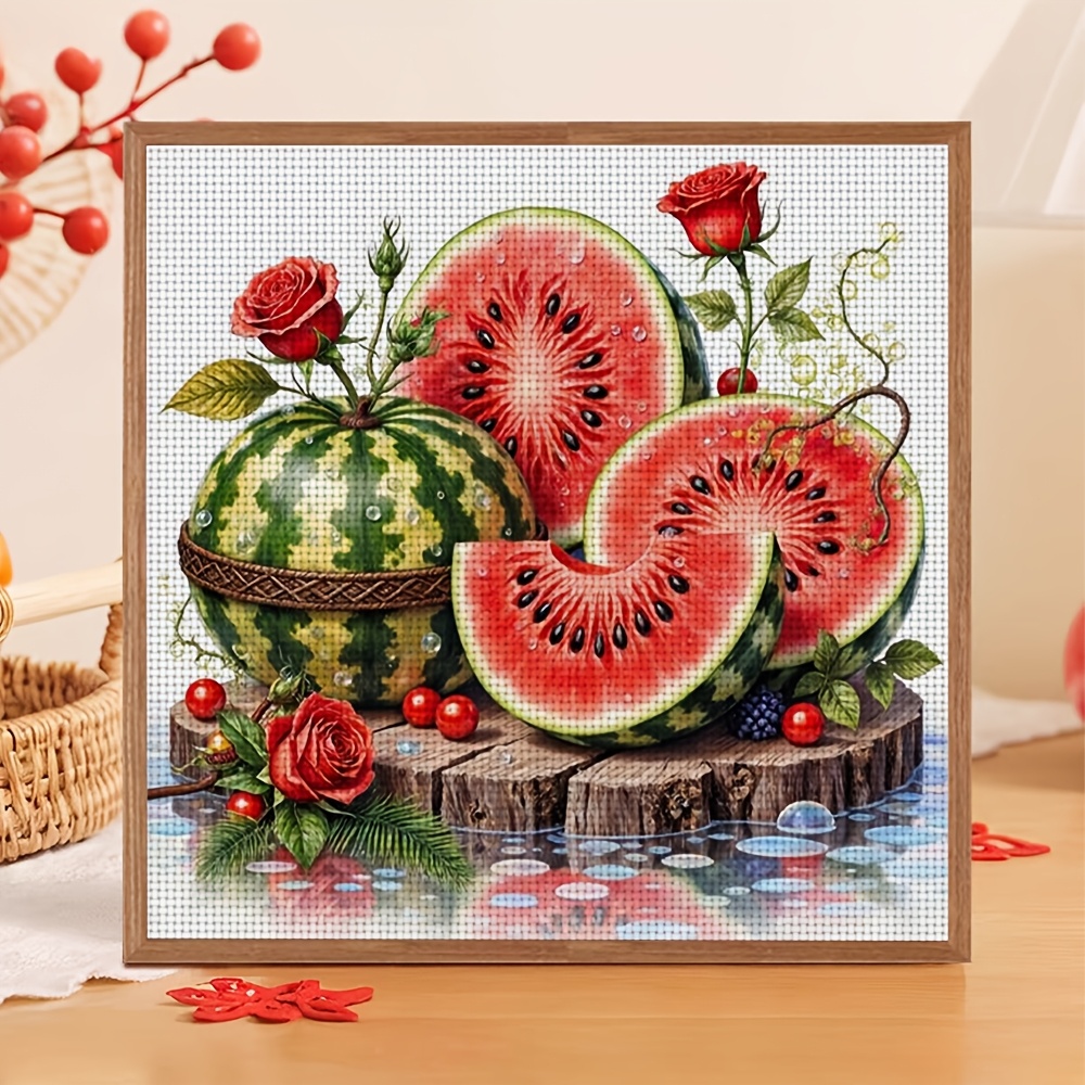 11CT Frameless DIY Cross Stitch Kit of Watermelon with Roses and Berries