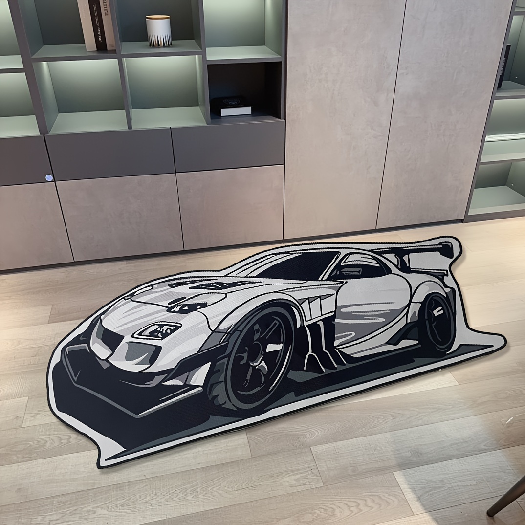 

1pc Black And White Cool Running Car Pattern Area Rug, Living Room Bedroom Bedside Carpet, Entrance Door Anti-slip Floormat, Thick And Soft Washable Mat Home Decoration