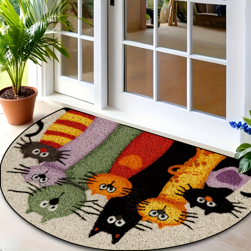 E-shop Halbrunde humorvolle Cartoon-Katzenmatte – Bunte Innen-/Außematte, geeignet für Eingänge, , Gärten, Küchen – Schmutzfänger, Polyester,