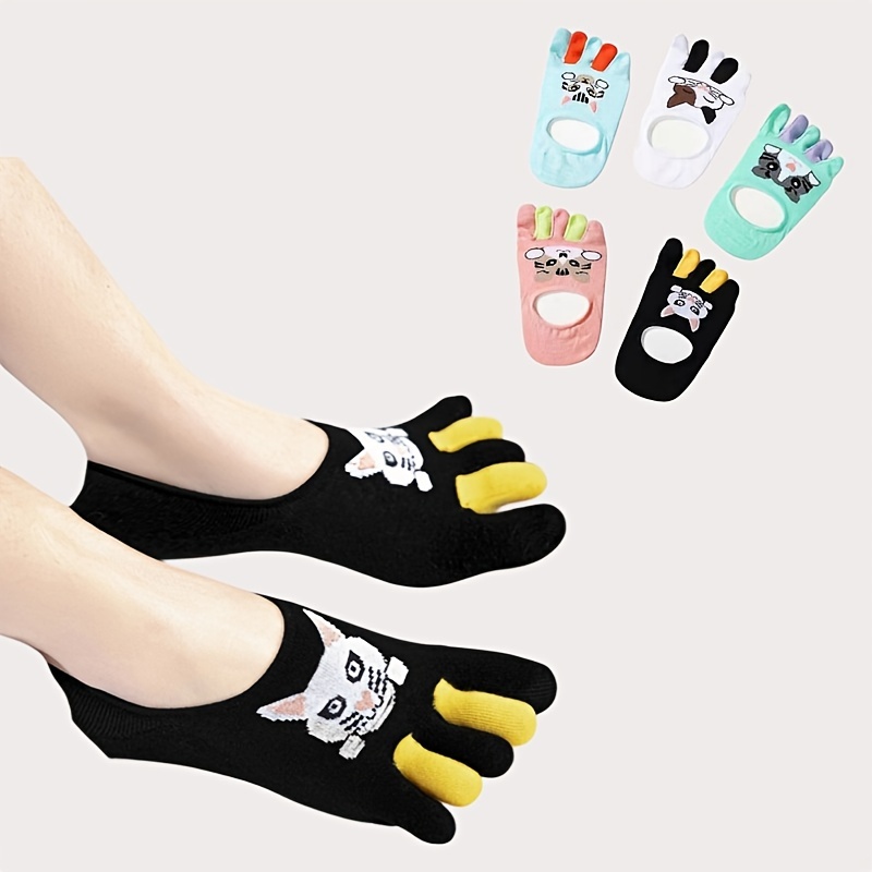 1 5 pairs five finger socks boat socks cat pattern cute breathable shallow mouth split toe socks