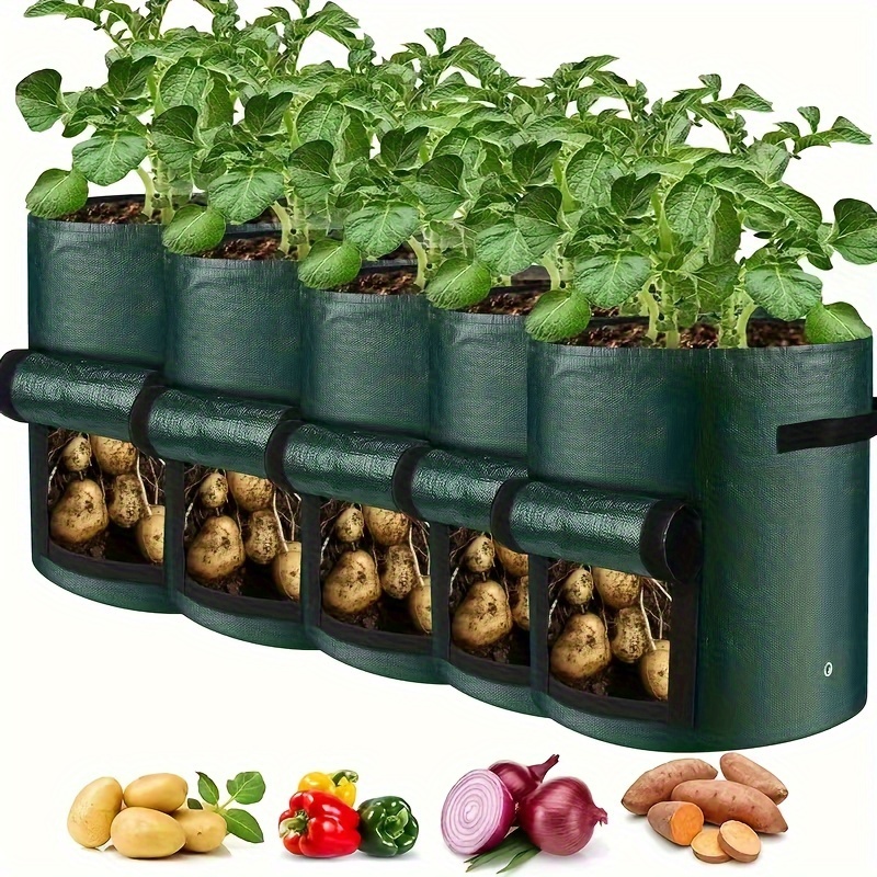 

5 Packs, 10 Gallon Fabric Garden Grow Bags, Green Aeration Potato Planter With Access Flap Sturdy Handles, Heavy-duty Vegetable Grow Pots For Tomato, Carrots, Fruits Breathable, Durable