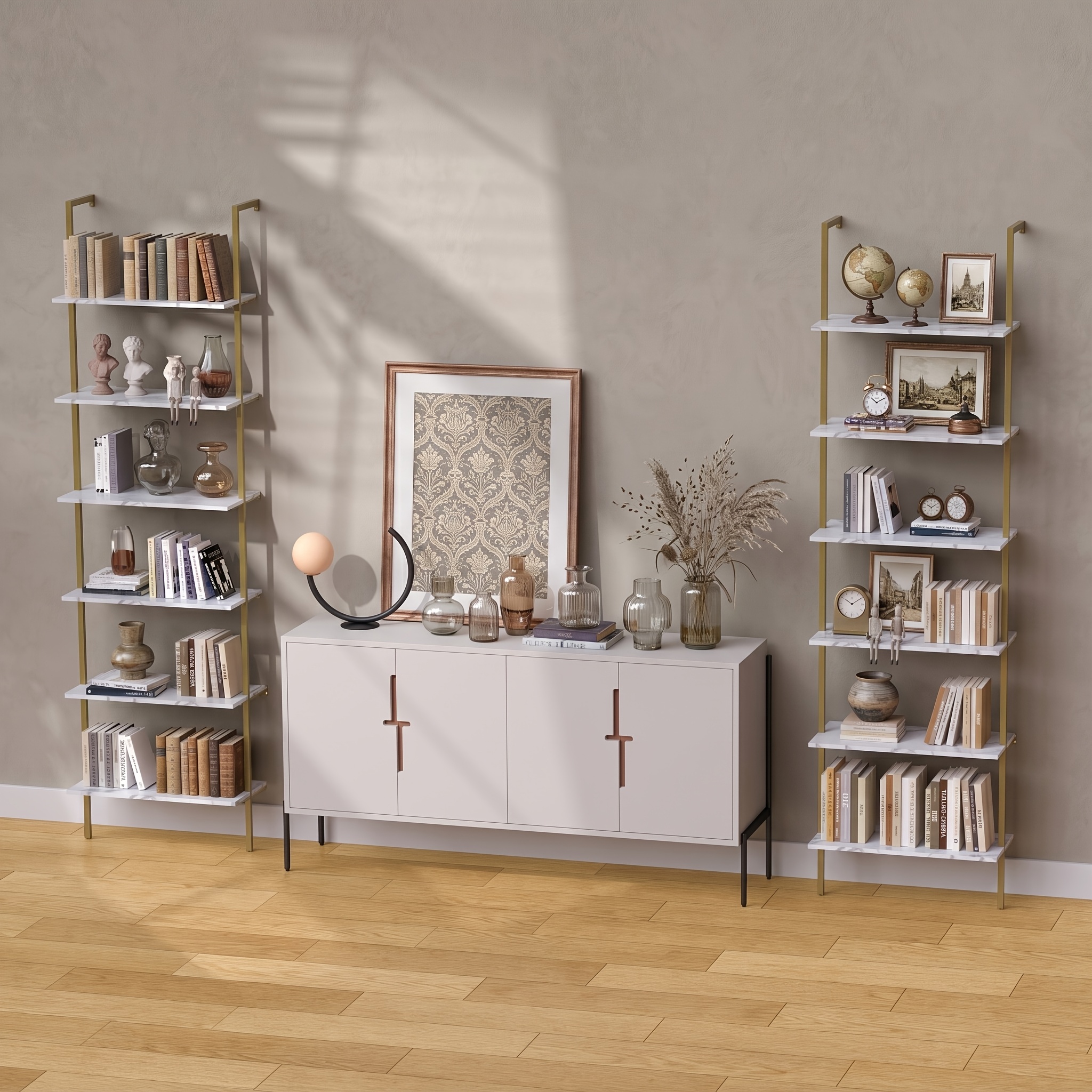 6 Tier Industrial Wall Mounted Shelves, White Faux Marble Floating Shelves, Open Storage Display Plant Rack for Living Room Kitchen Bedroom Office