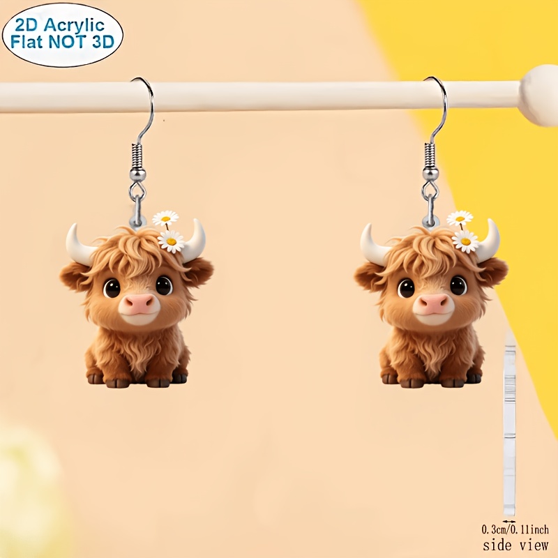 TEMU Boucles d'oreilles pendantes 2D plates, 1 paire, polyvalentes en acrylique de vache fleurie, avec floraux, un pour des animaux, adaptées aux