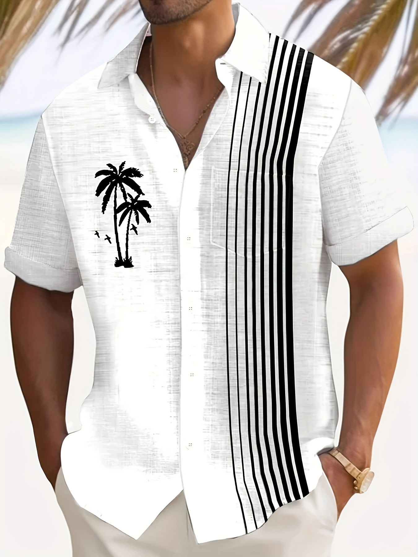 mens casual coconut tree stripe print button pocket short sleeve shirt