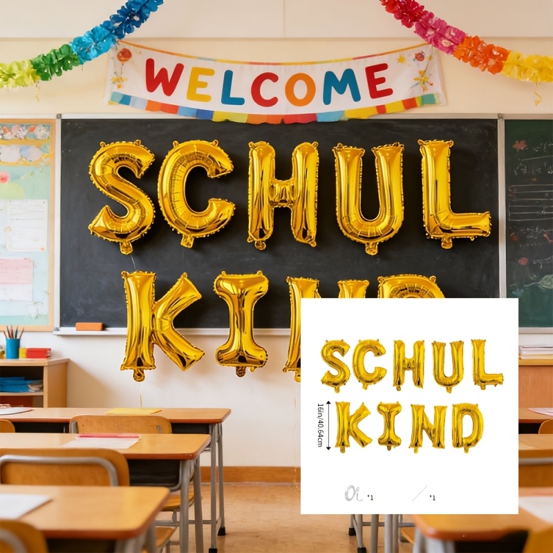 Image of 11pcs 16 Inch Golden Schulkind Letter Balloon Set With Ribbon And Straw, First Day Of School Decorations, School Party Decor, German Schoolkid Theme Balloons, Kids Photo Backdrop Supplies