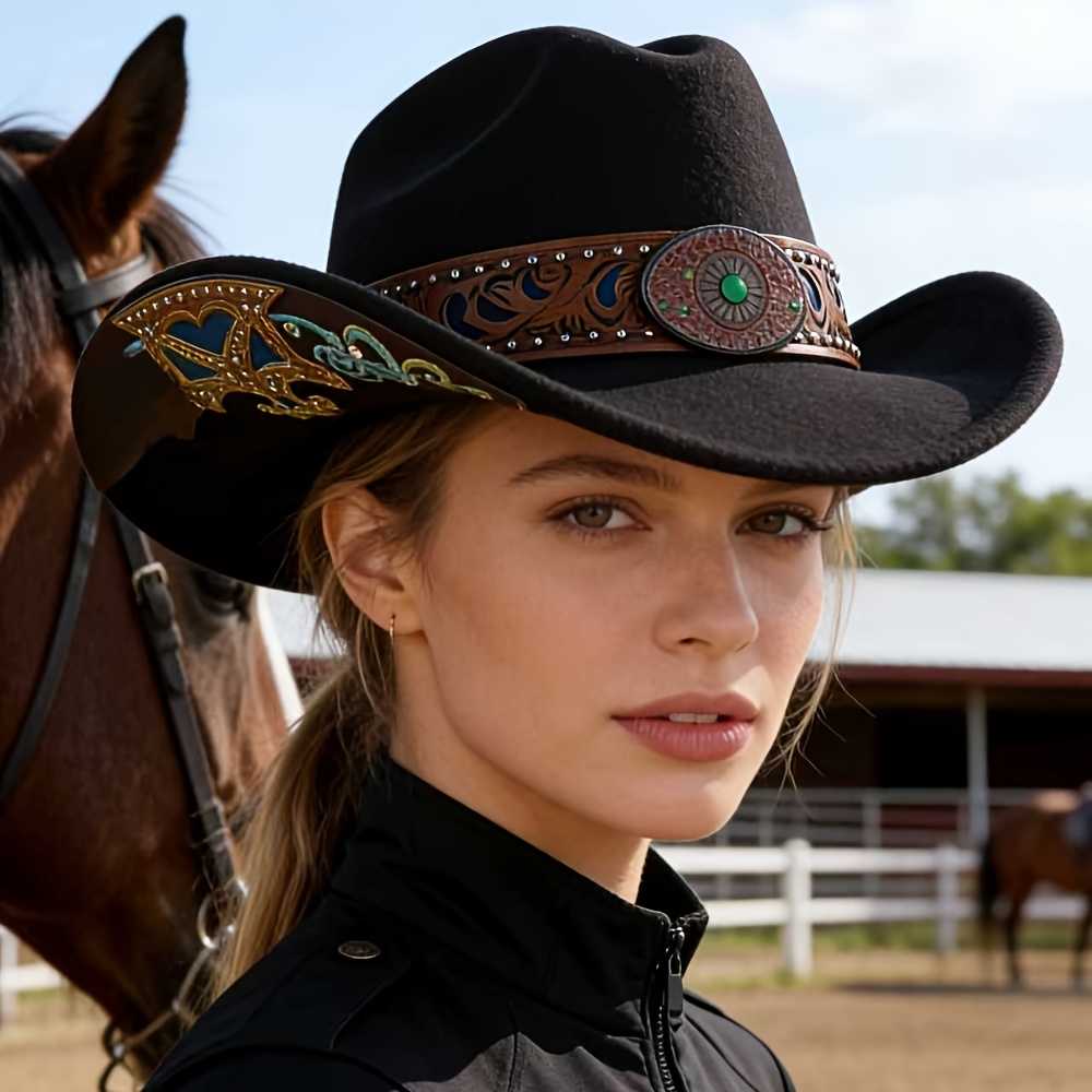 TEMU 1pc Felt Hat, Unisex Western Cowboy Hat, Wide Brim Riding Sun Hat With High-end Decorative Band, 57cm Head , In Purple, Orange, Black, White