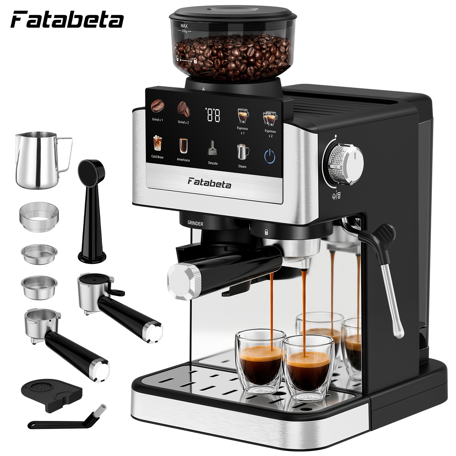 TEMU Máquina de espresso todo en uno con caldera y - 30 niveles de molienda, cafetera con pantalla táctil, máquina de espresso de acero inoxidable