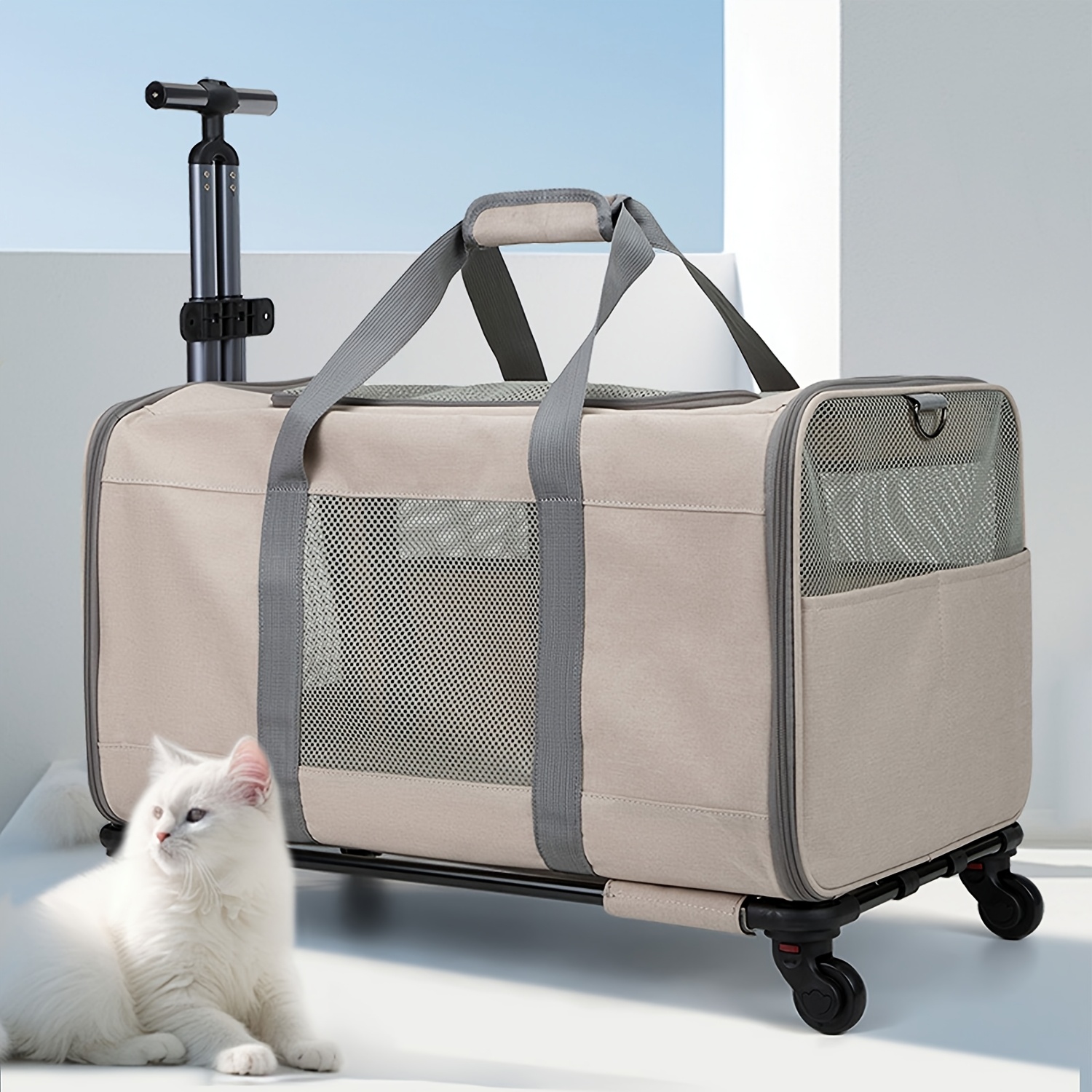 Image of Large-capacity With Wheels, Features Dual And A Large Mesh Panel For Ventilation. Worn Cross-body, Shoulder, Or Pushed As A Trolley. Suitable For Cats And Small To Medium-sized Dogs