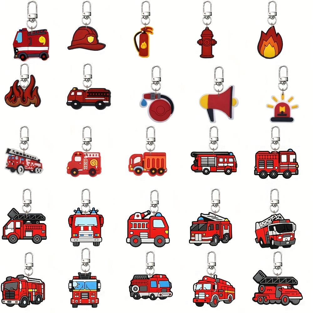 TEMU 25pcs Plastic Fire Engine Keychain, Fire Helmet Key Pendant, Flame Key Chain, Purse Backpack Decoration Luggage Charm Accessories Birthday Party