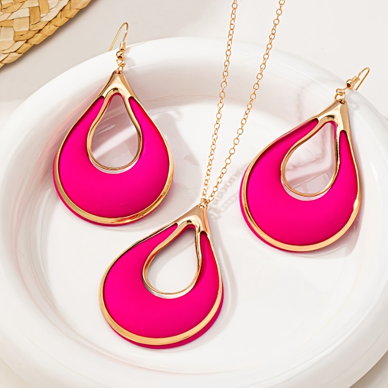 Fashion New 3pcs Earring And Necklace Set, Simple And Elegant Women's Creative Teardrop Metal Spray-painted Earrings And Necklace Set