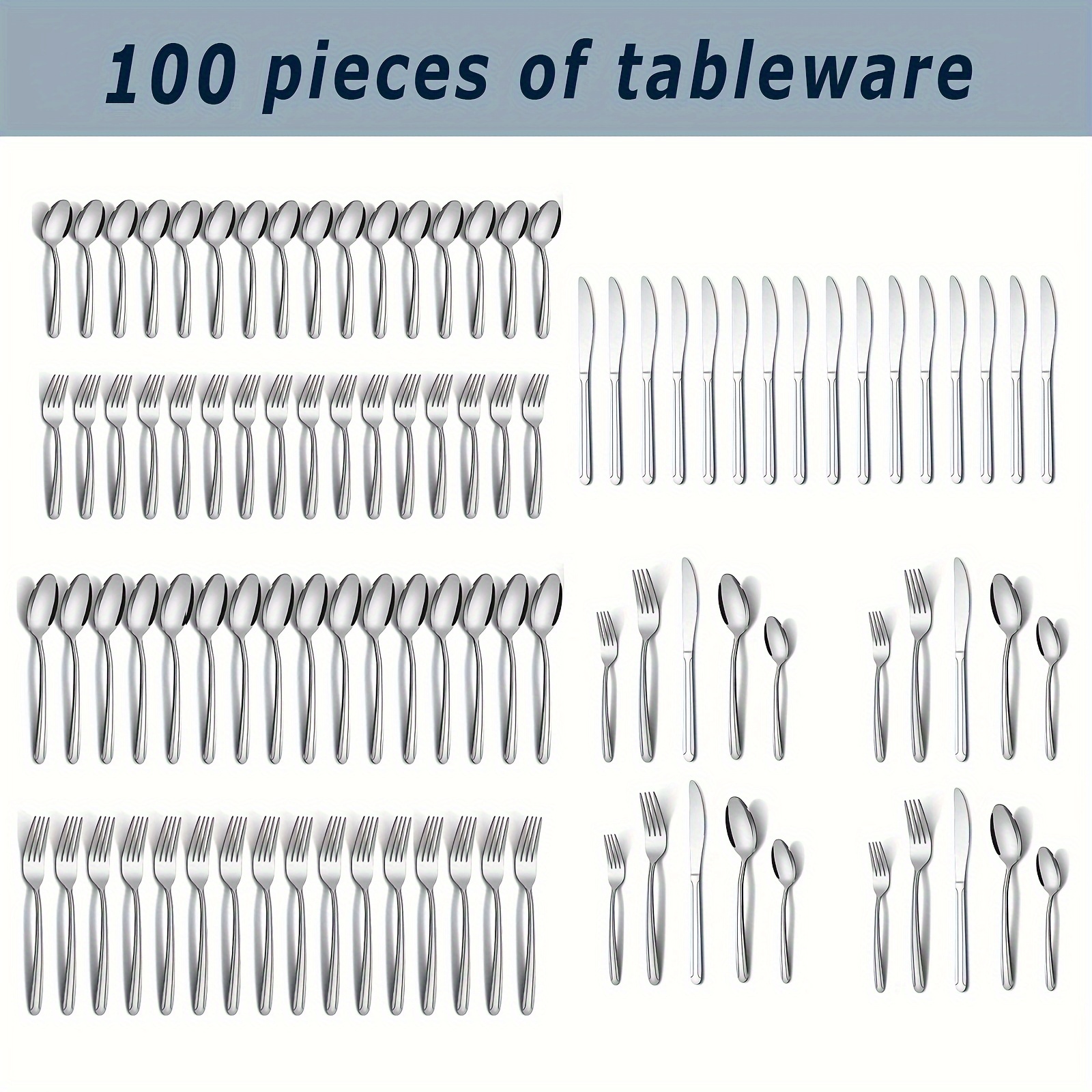 

100pcs Stainless Steel Tableware Set - Kitchen Utensils For 20 Guests, Includes Knives, Forks, Spoons, Coffee Spoons, And Teaspoons - Dishwasher Safe