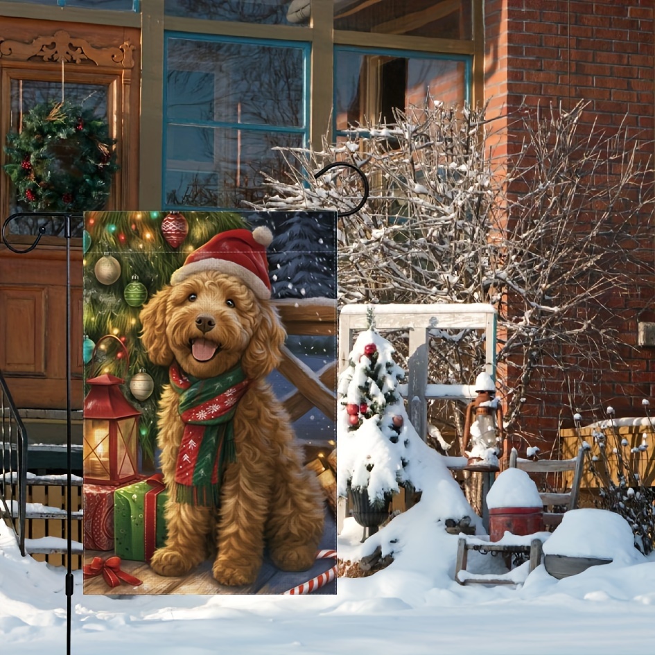 

Christmas Joy" Double-sided Linen Garden Flag - Festive Puppy With Presents, Red Hat & Green Scarf Design, Durable Outdoor Decor For Home, Patio, 12x18 Inch, Christmas Decor