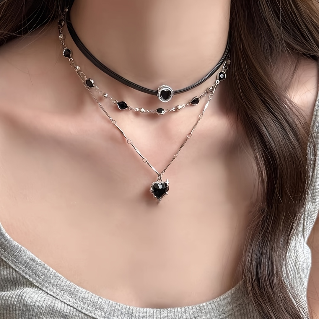 TEMU 2pcs Black Heart Pendant Necklaces - Gothic Layered Chain Jewelry With Delicate Chains, Everyday & Formal Necklace For Women,
