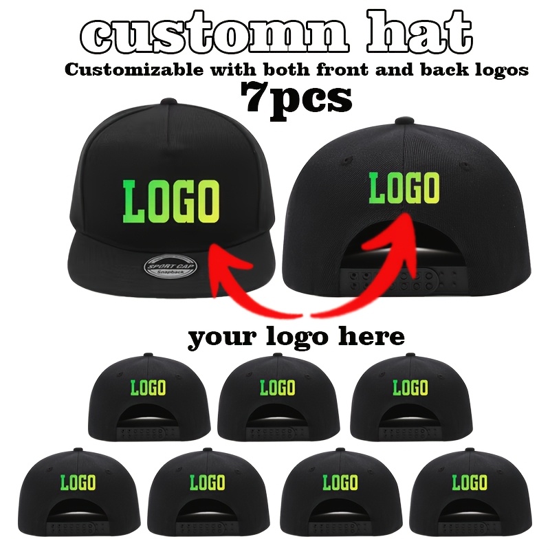 TEMU 7pcs Customizable Front And Back 2-logo Customization Hat Set, 5pcs Flat Brim Men's Baseball , Suitable For Spring And Summer Outdoor Fishing.