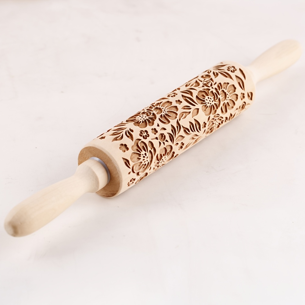 TEMU 1pc 13.7inch Floral Pattern Wooden Embossed Rolling Pin, Engraving Wooden Roller Cookie Stamp Tool , Cake Baking And Clay Art, Printed All Over