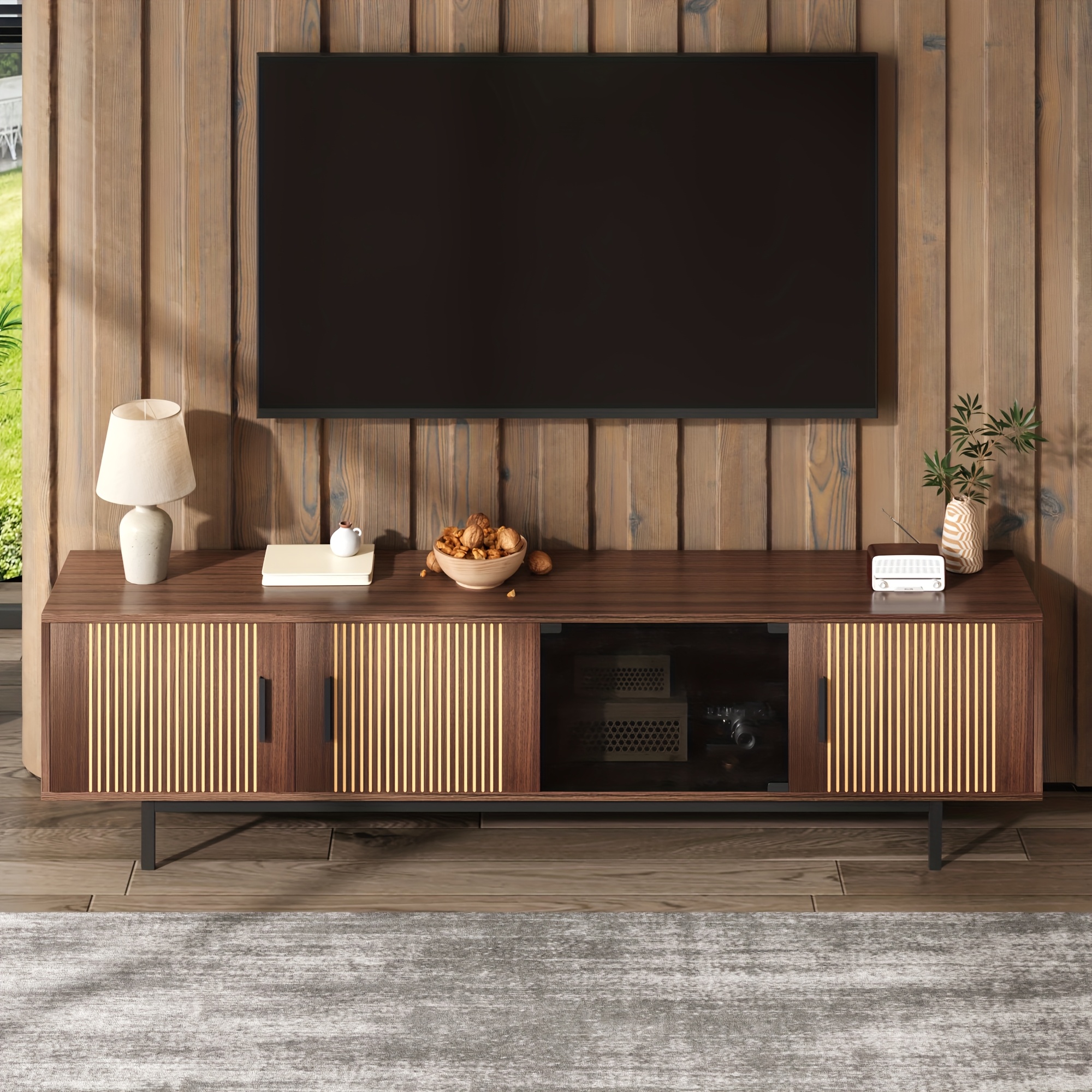 TEMU Modern Low-profile Tv Stand With Carved Texture & Tempered Glass Doors - Panel Media Console, Easy Assembly, Space- Design For Small Living