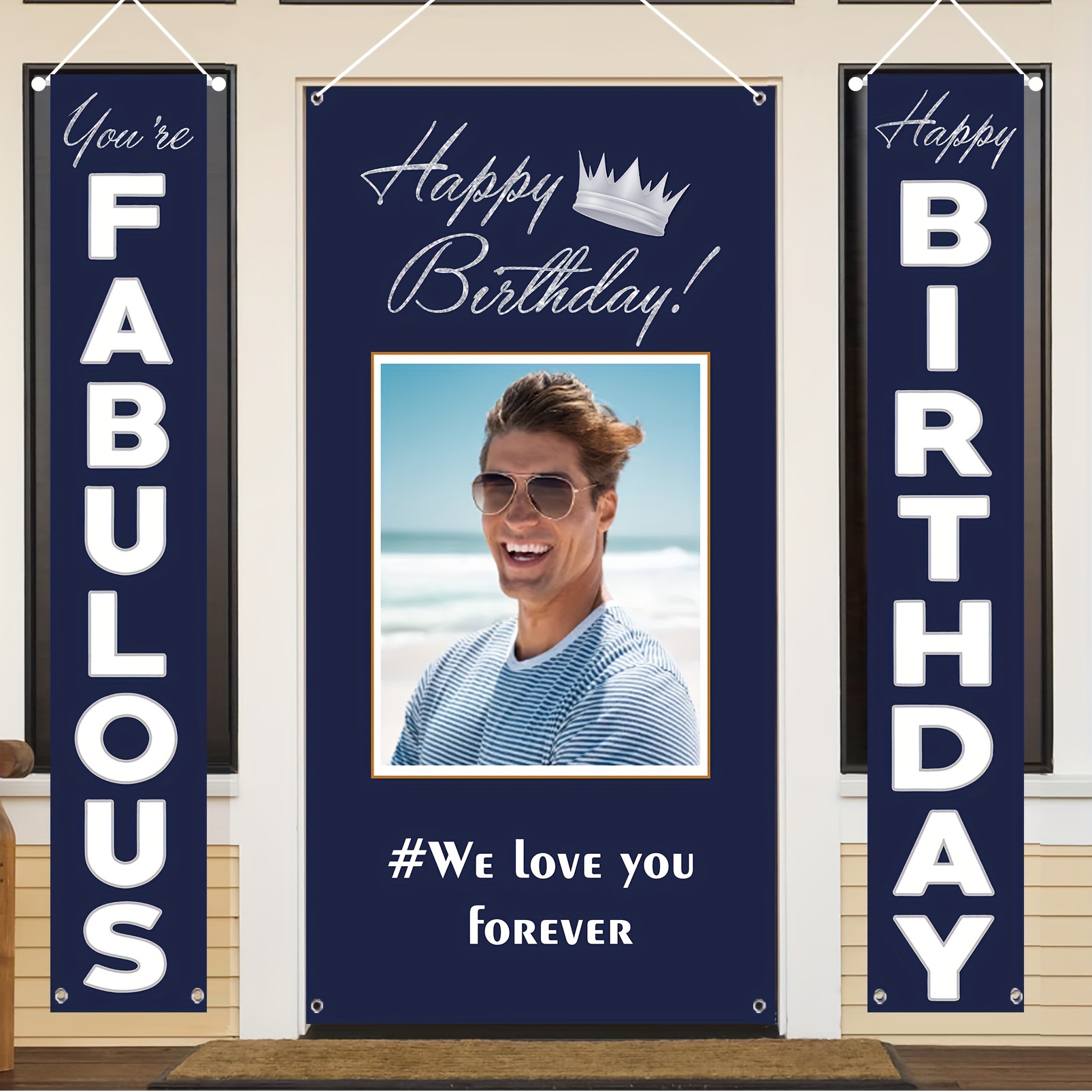 

Custom Personalized Happy Birthday Door Banners - Blue And With Photo - Perfect For Indoor Or Outdoor Use - Suitable For Birthday Celebrations And General Decorating