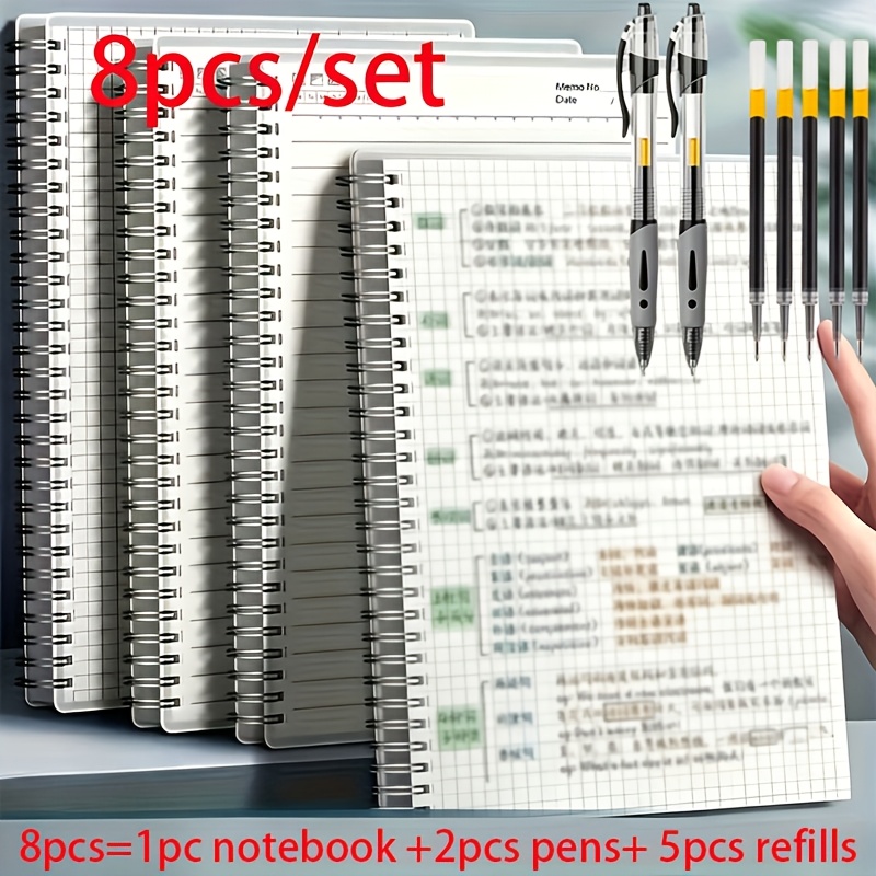 TEMU 1 A5 Grid Spiral Notebook 160 Pages 80 Sheets Thick + 2 Pens With 5 Refills, 0.5mm Black Ink Quick Dry Ballpoint Pens, Grid Journal For Meeting