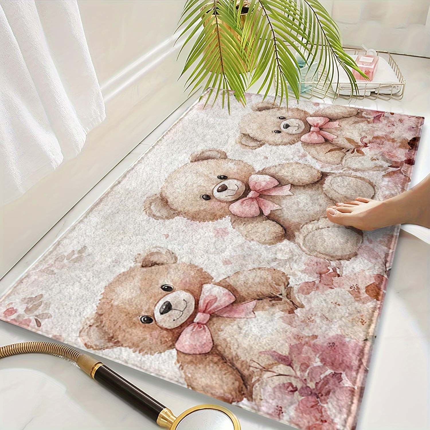 

1pc Bear Bow Pattern -slip Bath Mat, Microfiber, Rectangular Knitted Decor, , Use, Bathroom Entryway Rug