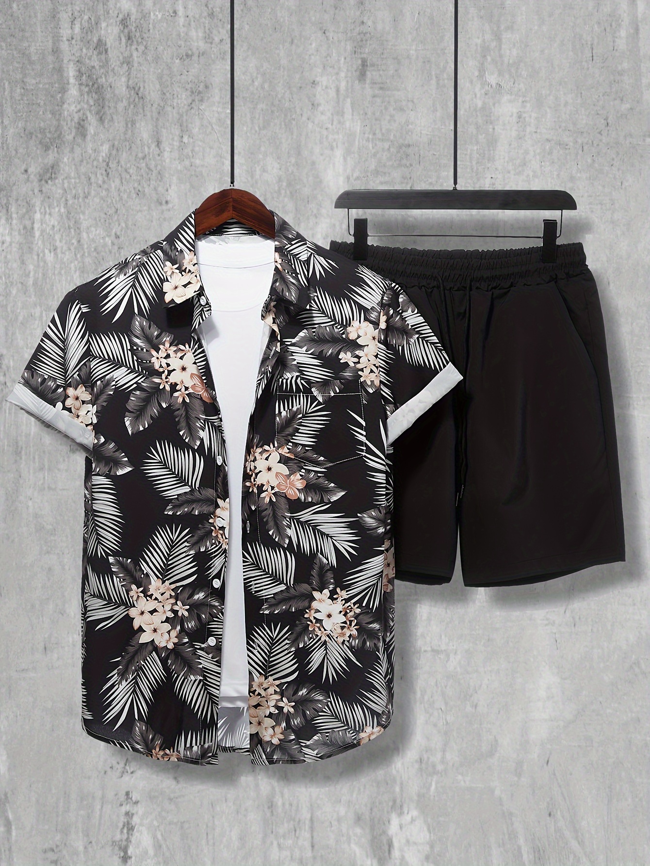 Men's Outfit Set Floral Leaf Pattern Hawaiian Shirt - Temu