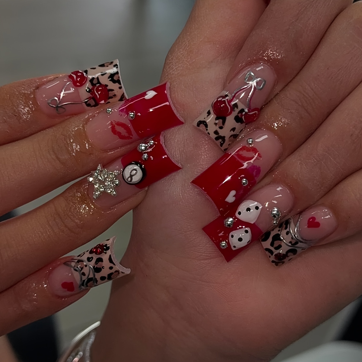 TEMU 24pcs Acrylic Square-shaped Leopard Print French Manicure With Red Lips, Bow, Cherry, And 3d Rhinestone Stars, Perfect For Casual Attire, Gifts,