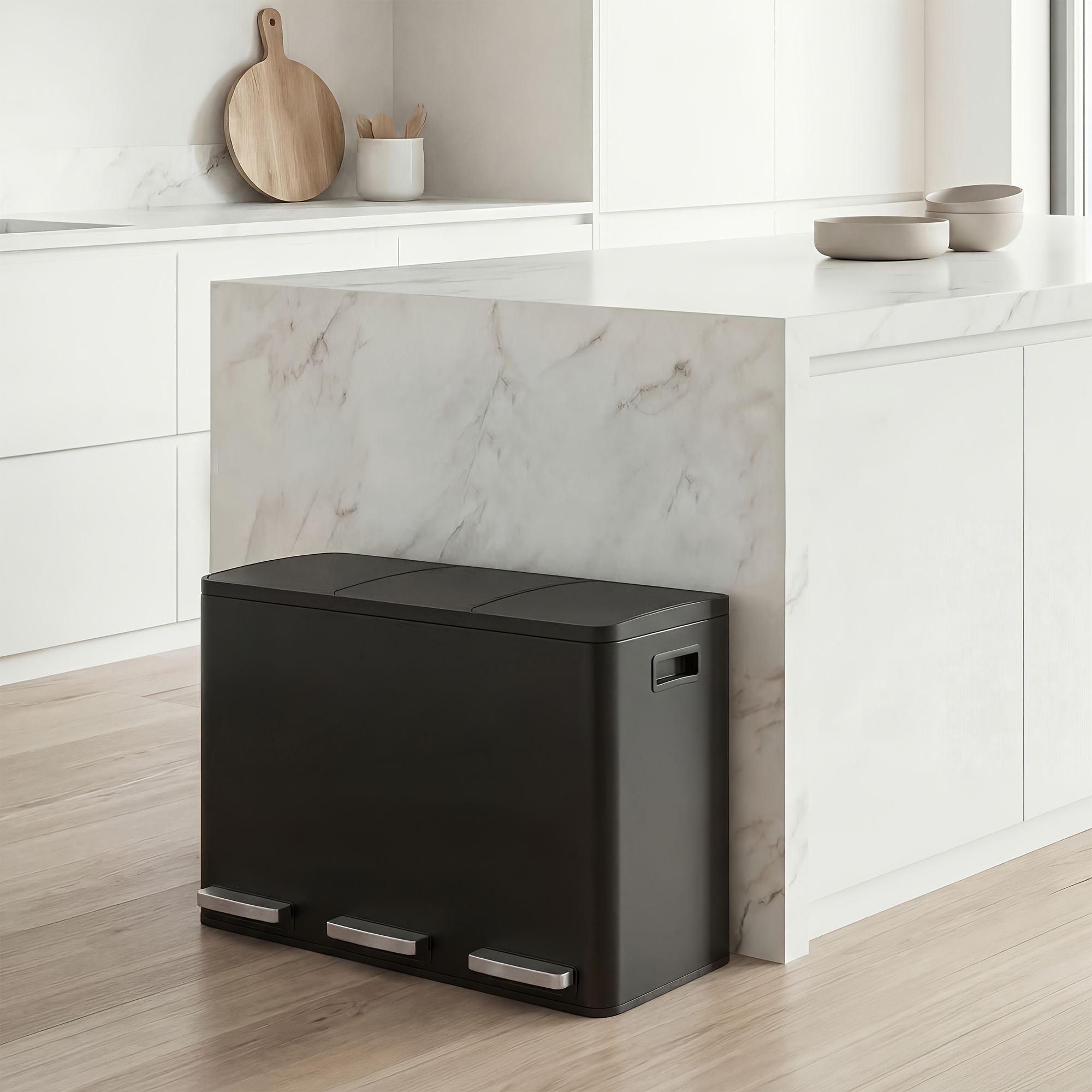 Image of Trash Can Kitchen, 3 X 15l, Waste System 3 Compartments, Waste Bin With 15 Trash Bags, Pedal Bin, Inner Bin Removable, Lid, Handles