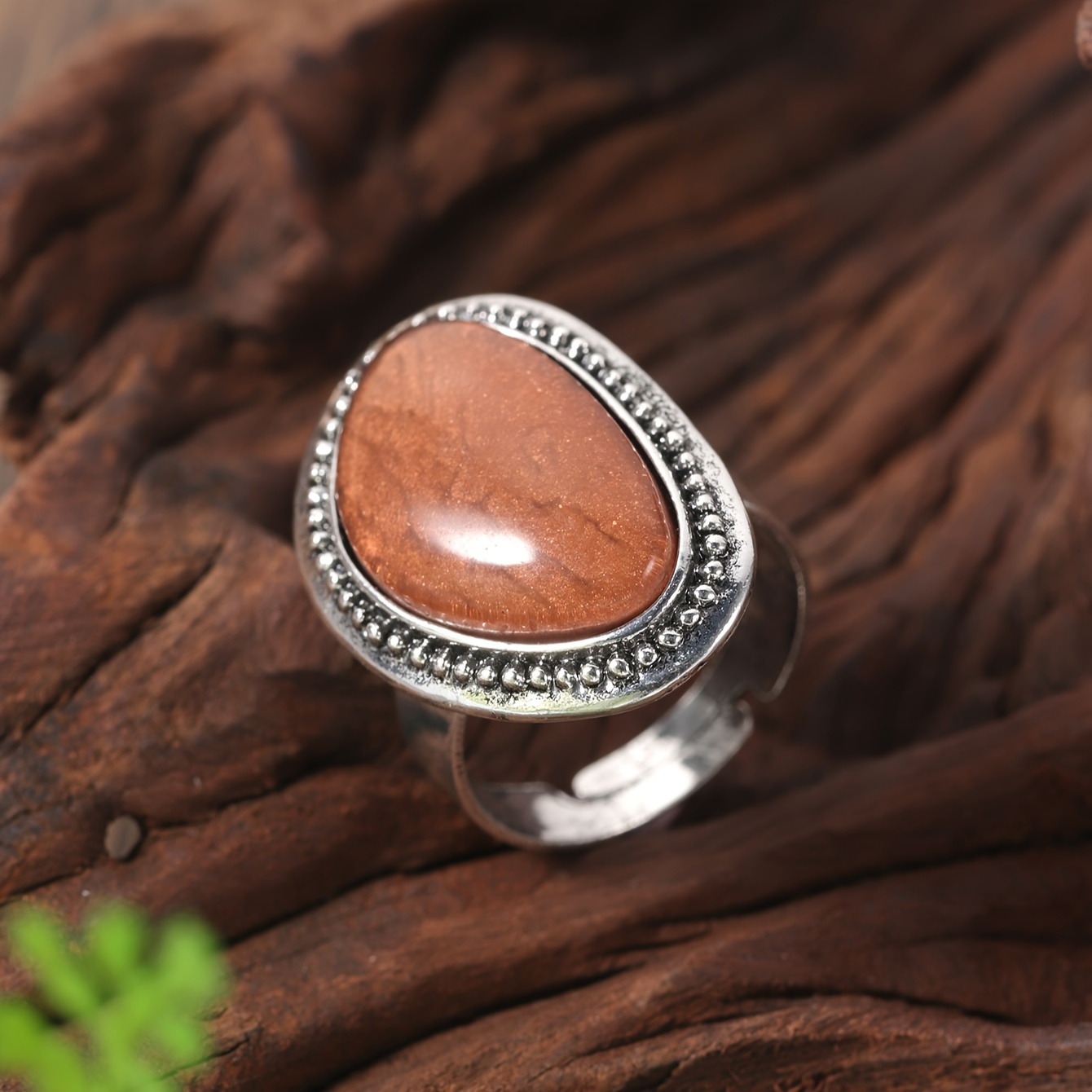 Bohemian Style Stainless Steel Open Ring with Resin Gemstone Oval Shape