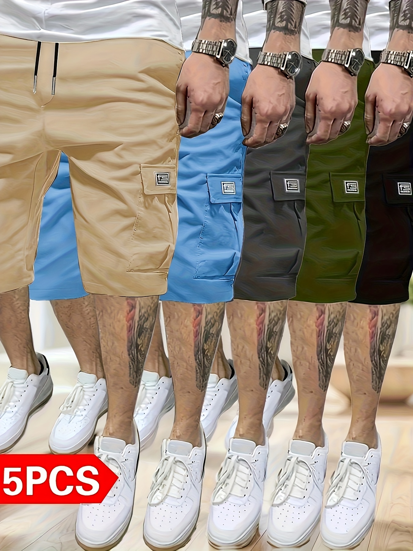 Upgrade your summer look with 5pcs men’s casual cargo shorts. Loose fit, straight-leg, multi-pocket design in solid colors. Durable polyester, perfect for daily wear.