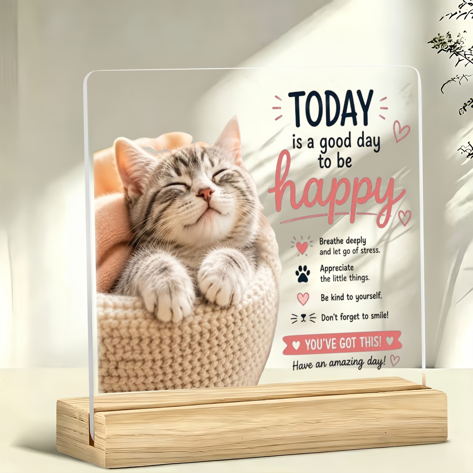 TEMU 1pc Sleeping Cat With Happy Slogan Decorative Ornament, Inspirational Slogan, Acrylic Ornament, With Wooden Base, Paperweight, Office Desk