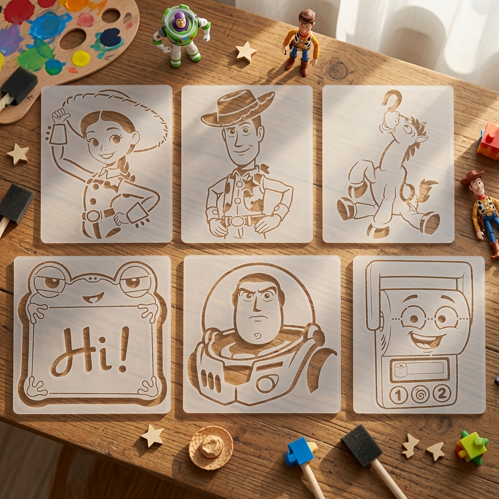TEMU Toy Story Stencils 6pcs Set With Pants Reusable Washable Pet Templates For Wall Art Wood Crafts Furniture Fabric Improvement Decorative Crafting