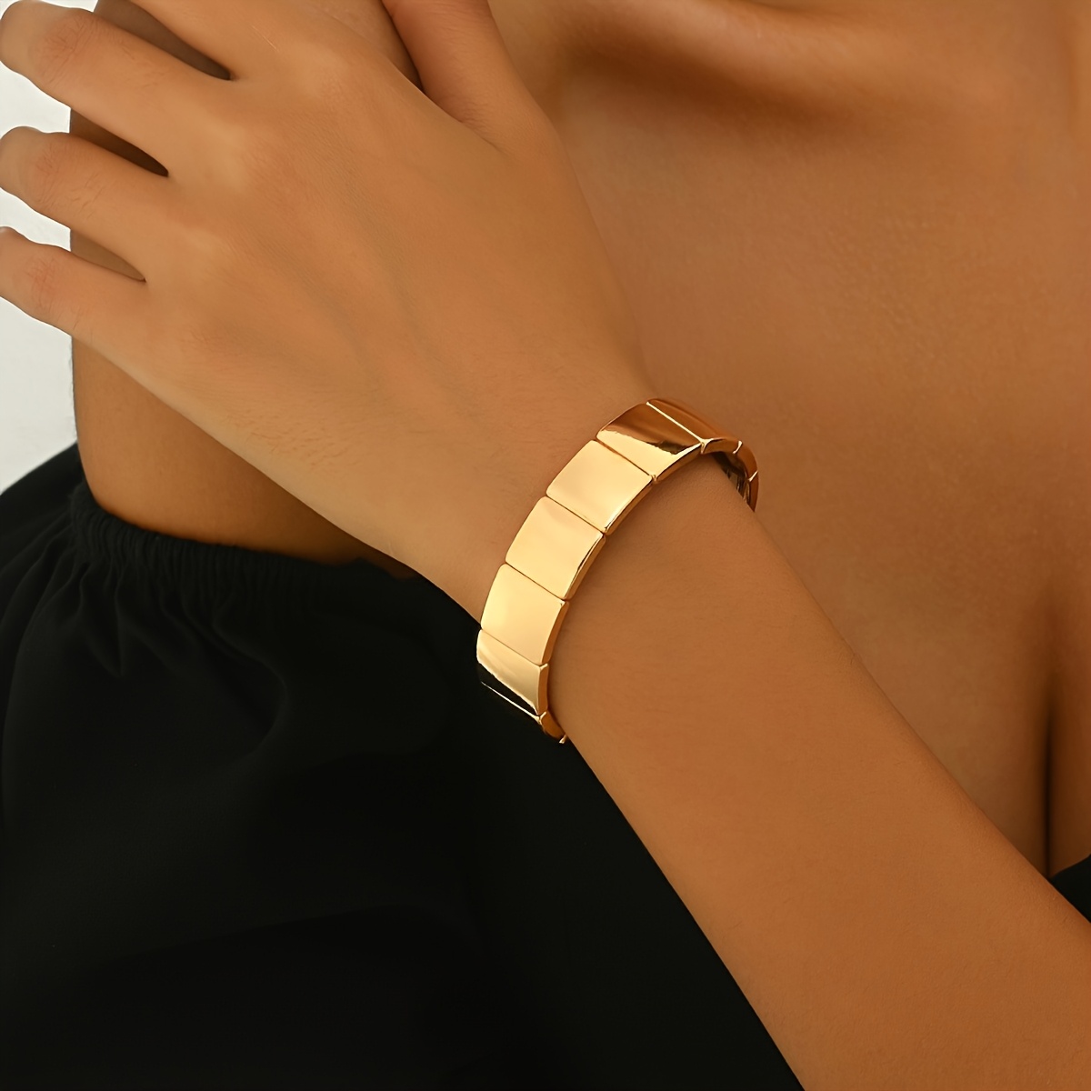 E-shop 1 Stück Damenmode Elastisches Fadenarmband, Gebogene Quadratische Multi-Kombination Elastische Fadenarmbänder, Einfacher Metallic-Stil Damen