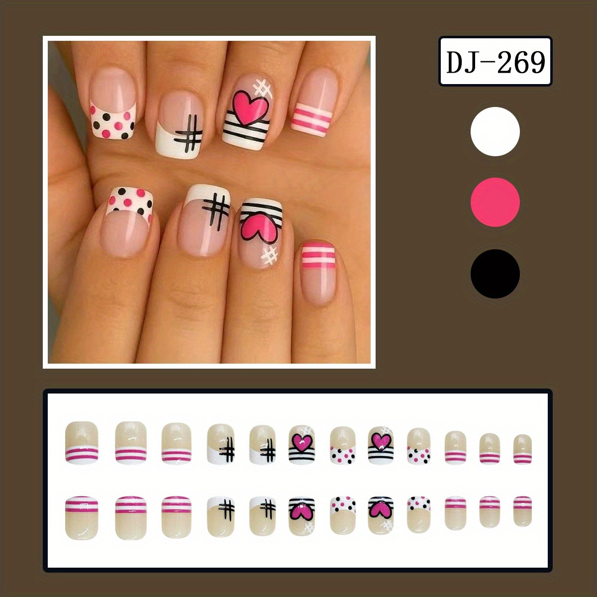 TEMU 24 uñas postizas cuadradas cortas, con rosa nude, que varios como , rayas, corazones y símbolos "#" para adaptarse a diaria y las citas