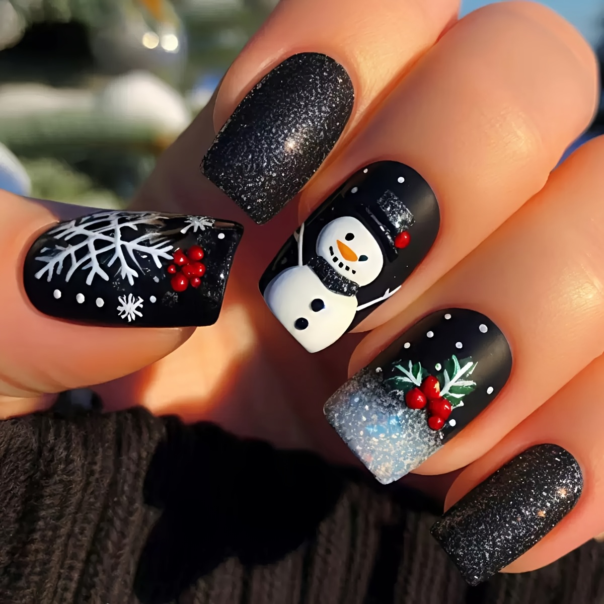 TEMU 24pcs Christmas False Nail Stickers Suitable For Travel & Parties - Glossy Reusable Press- Nails With Snowflake & Snowman Designs, Medium-length