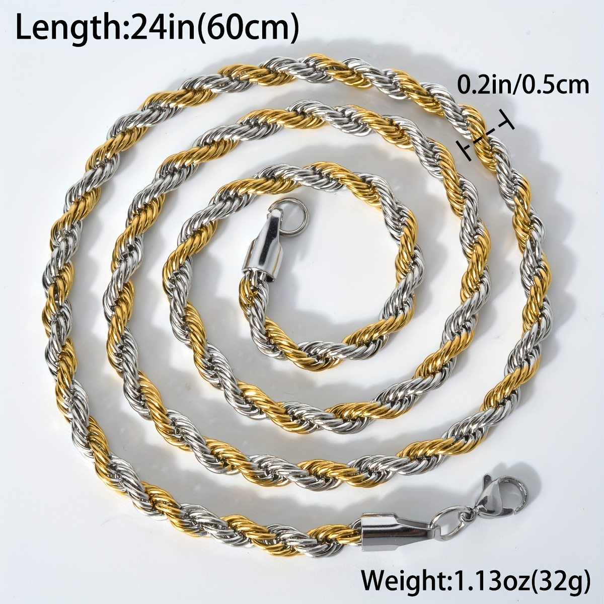 E-shop Fashion Hip Hop Kette 60cm*5mm/60cm*3mm Herren- und Damen-Drehkette, golden und Edelstahl-Farbe, Edelstahl, geometrische lange Halskette,