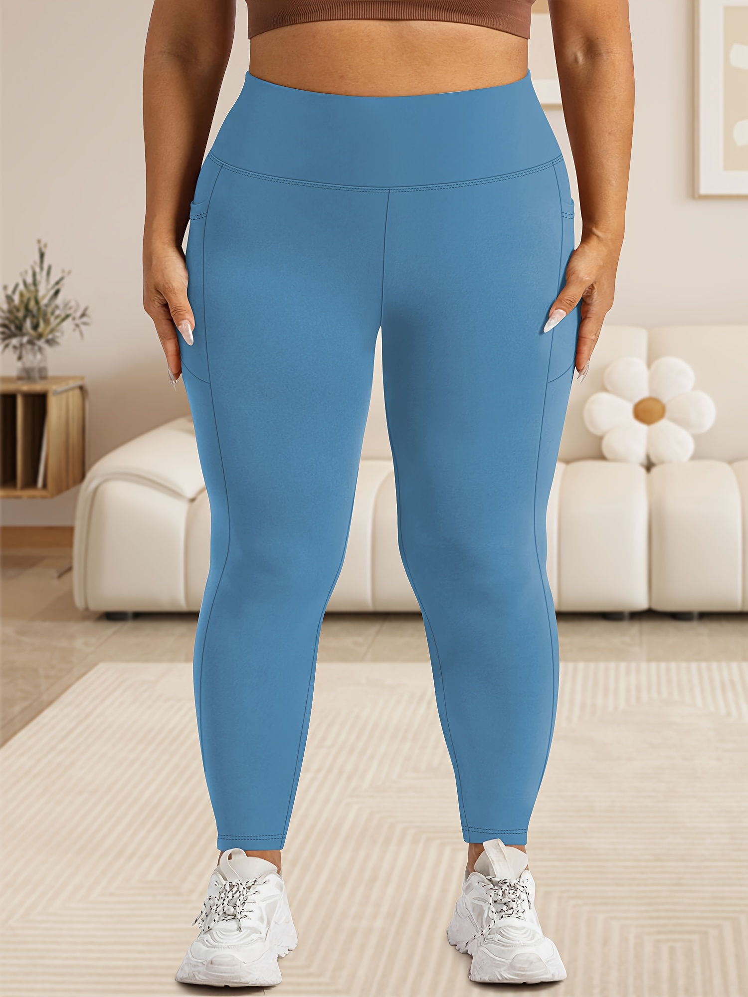 Women'S Plus Size High Waist Tummy Control Leggings with Pockets, 88% Polyester 12% Elastane, Skinny Fit, Solid Color, Knit Fabric, 200g/m², All Season Athletic Yoga Pants for Running & Fitness