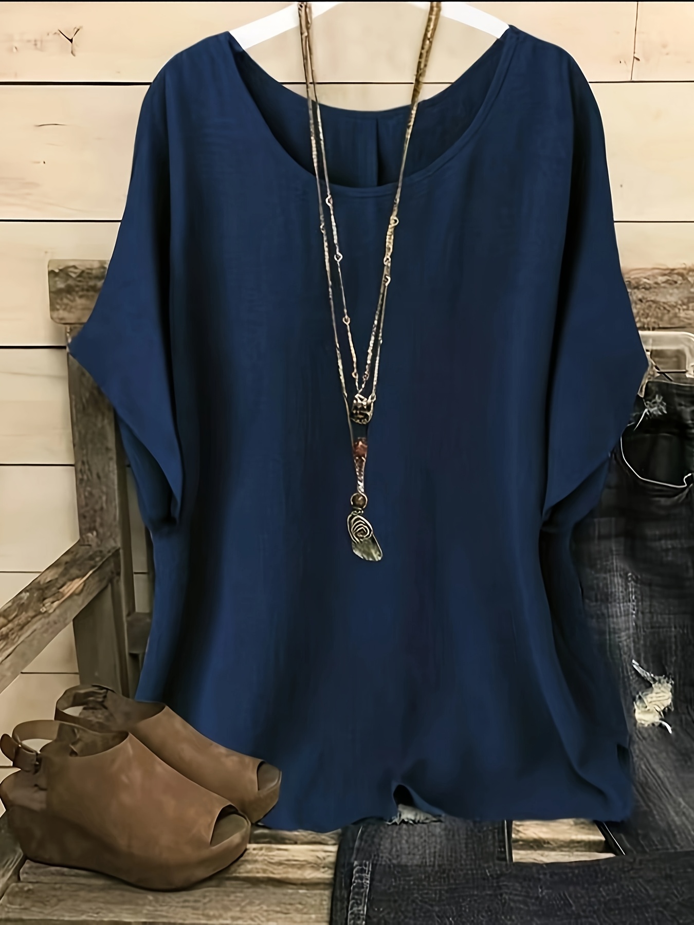 New Plus-Size Women'S Casual Vacation Solid Color Batwing Sleeve Shirt Top