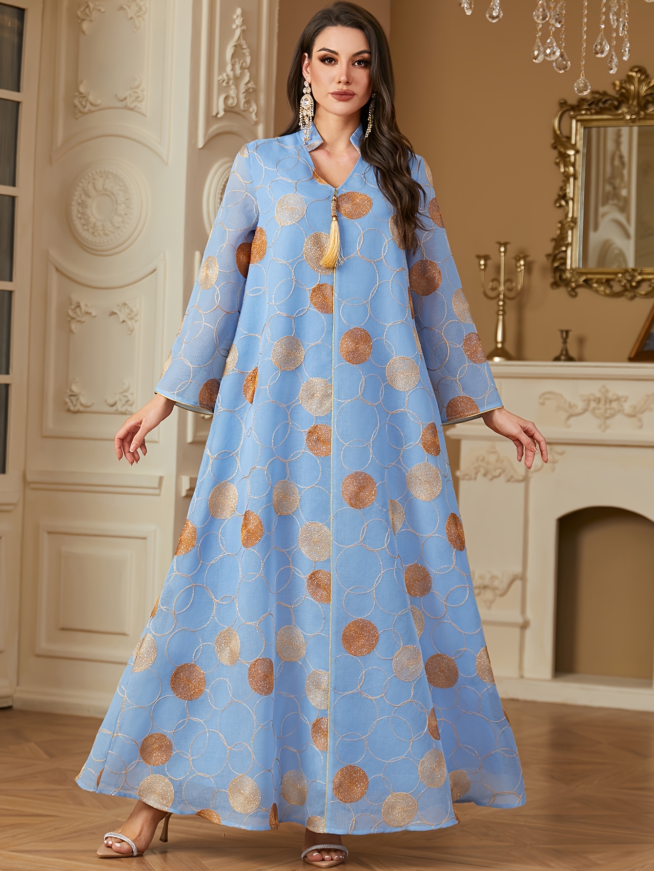 long sleeve dress fashionable stand collar gold thread - Temu Italy