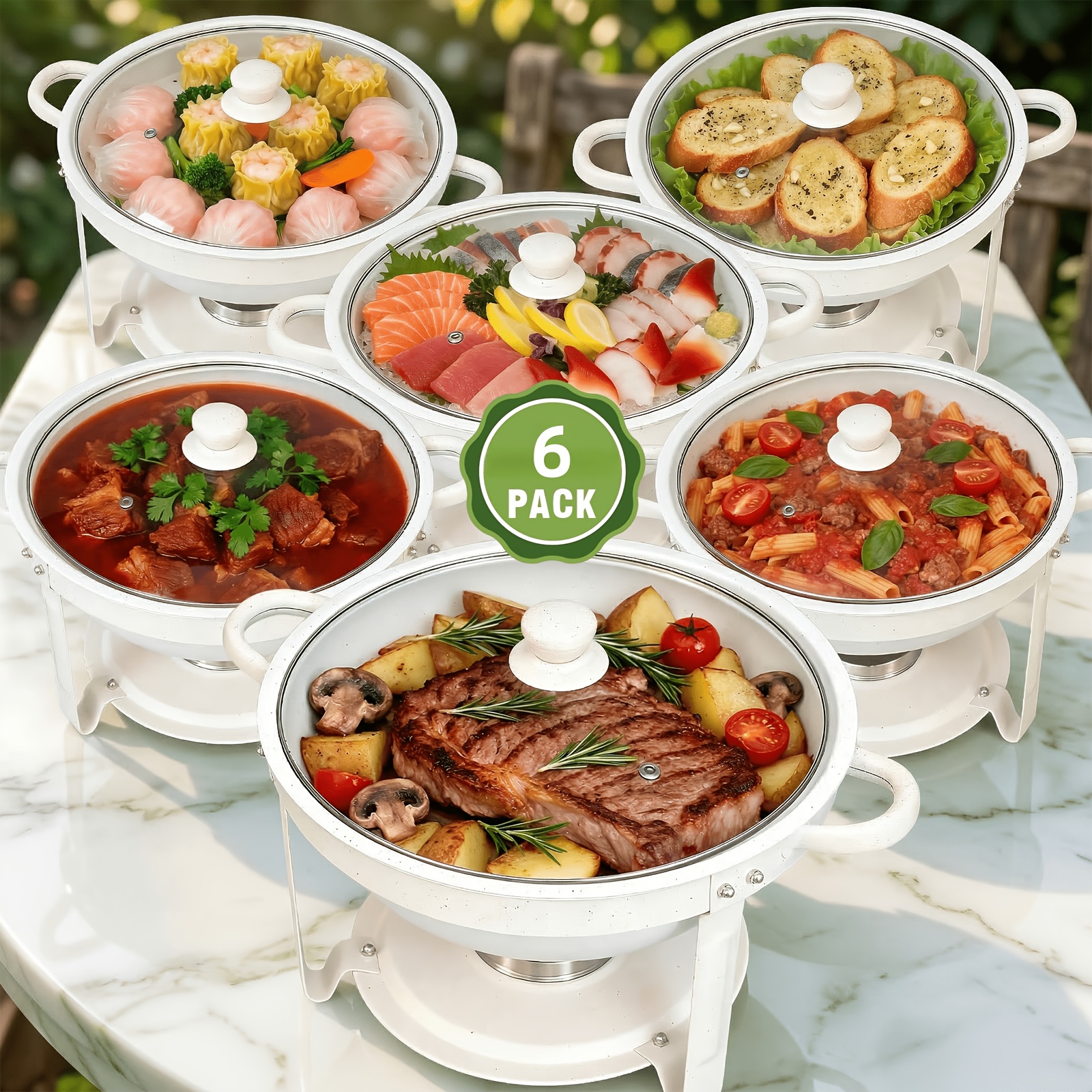 6qt Round Chafing Dish Pack Of 1/2/6, White Granite End Stainless Steel With Transparent Lids - Elegant Buffet Servers And Warmers, Stackable Storage, Wedding, Catering, Party - For Cooking