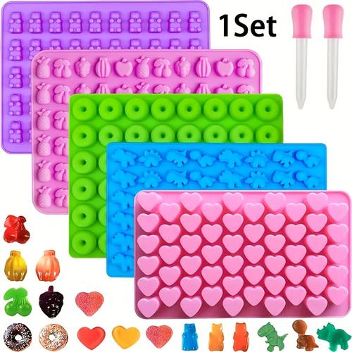 5pcs set gummy molds silicone gummy molds with 2 droppers non stick silicone candy molds including mini dinosaur bear shape hearts and mini donut