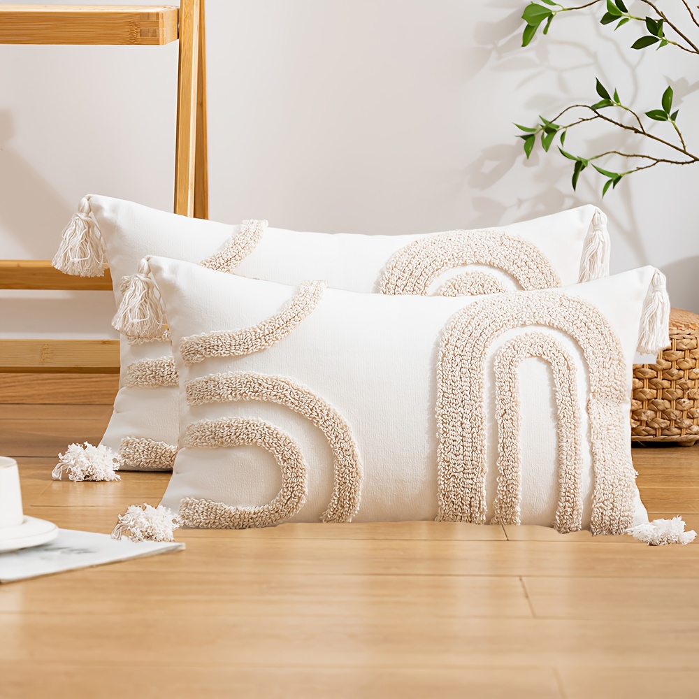 E-shop 2 Stück Luxus Halbkreis Geometrische Kissenbezüge mit Fransen, Strukturierte Neutrale Kissenhüllen 45x45cm 50x30cm Dekorative Kissenbezüge für