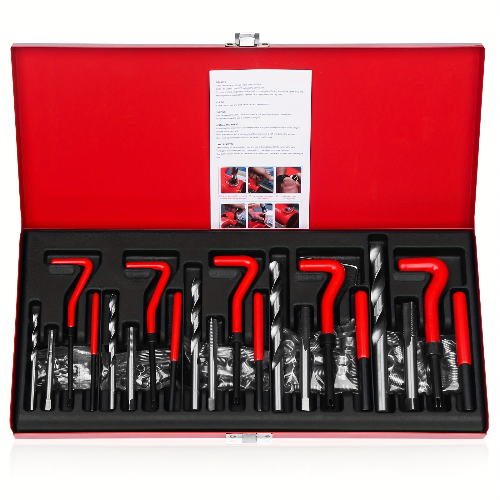 TEMU 131pcs Drill Repair Kit With M5 M6 M8 M10 M12 Hss Drill Repair Kit Red Metric Thread Repair Tool Kit With Carry Case