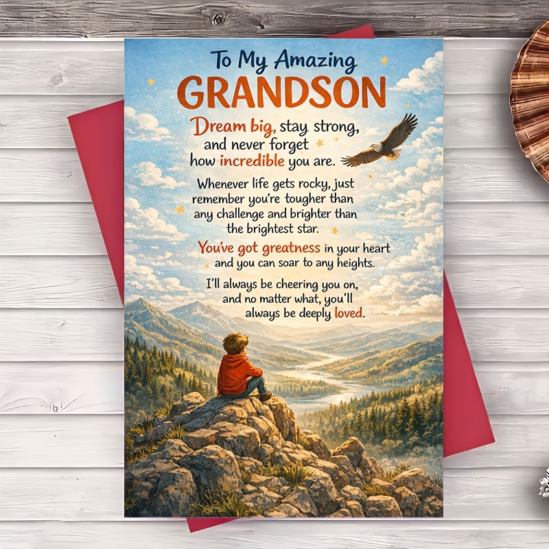 TEMU 1 Envelope And 1 Greeting Card Inspirational Grandson Card For Birthday And Encouragement From Grandparents Flat Greeting Card