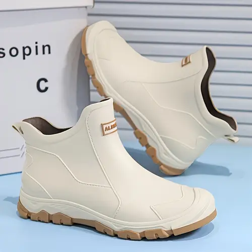unisex lightweight pvc slip resistant ankle boots with eva shock absorption breathable fabric lining non slip traction outsole high quality beige casual shoes for kitchen car washing outdoor activities kitchen wet environment shockabsorbing footwear