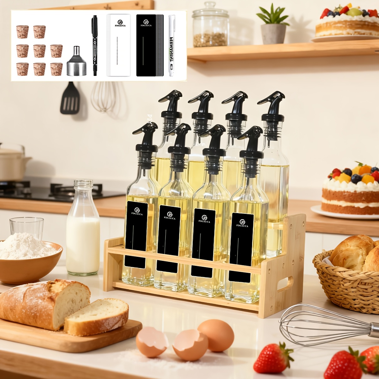 TEMU Ensemble de 8 bouteilles en verre transparent pour huile et vinaigre avec étagère en bambou double rangée, bouchons en liège et bec verseur -