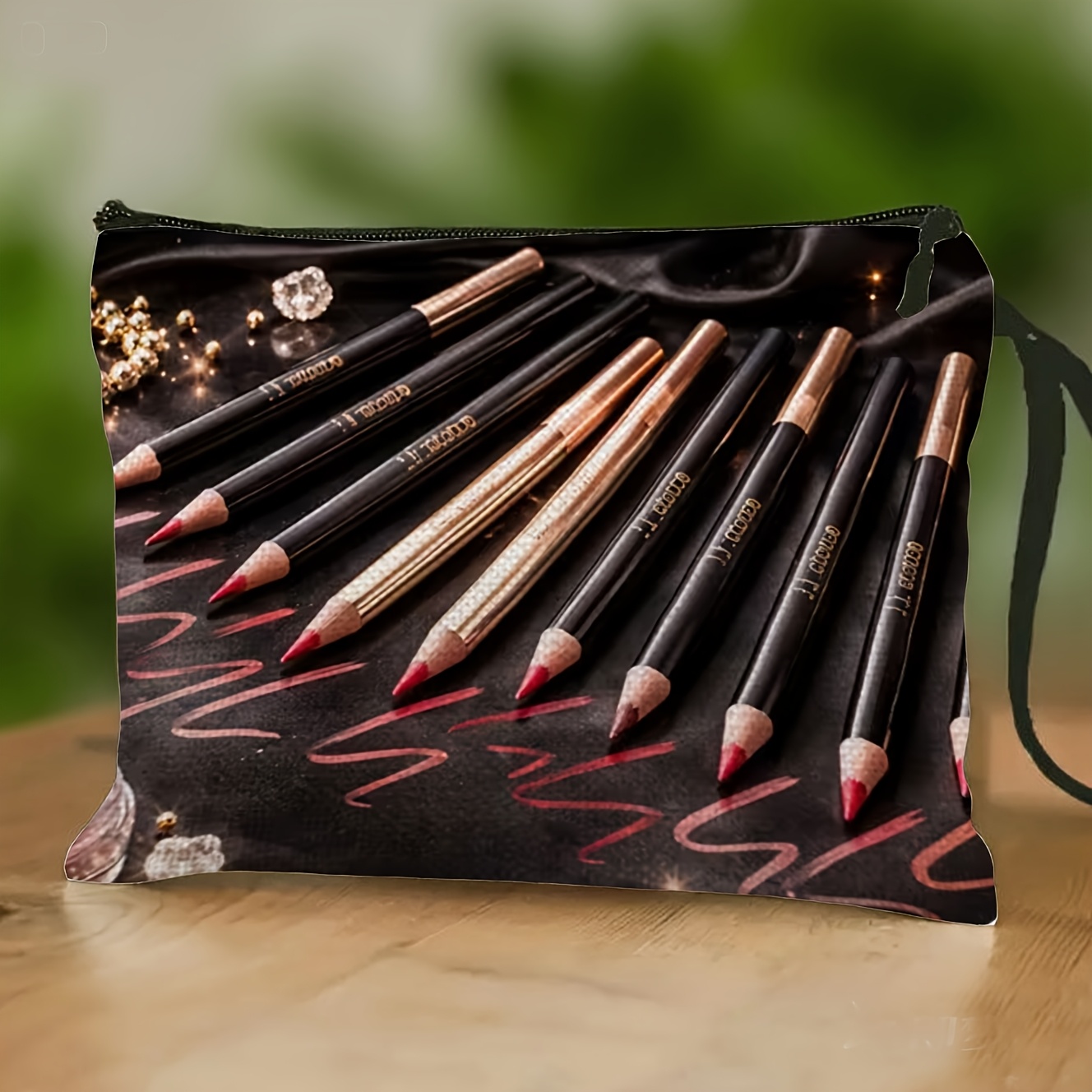TEMU Beauty case con dorate, con design 2D e cinturino da polso, per riporre trucchi e articoli da toeletta
