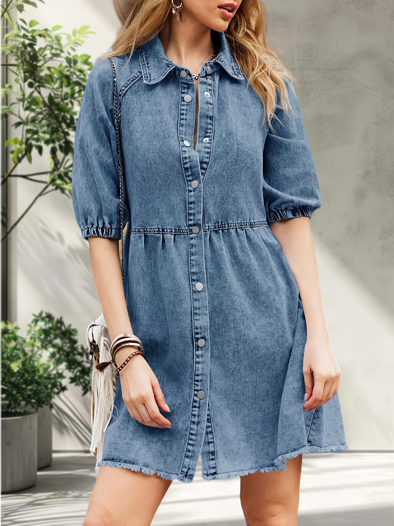 women's oversized denim babydoll dress - peter pan collar short sleeve  casual mini dress with pockets, -length flowy loose fit for spring summer  fall, dresses, seasonal fashion, neckline, rustic chic style, casual