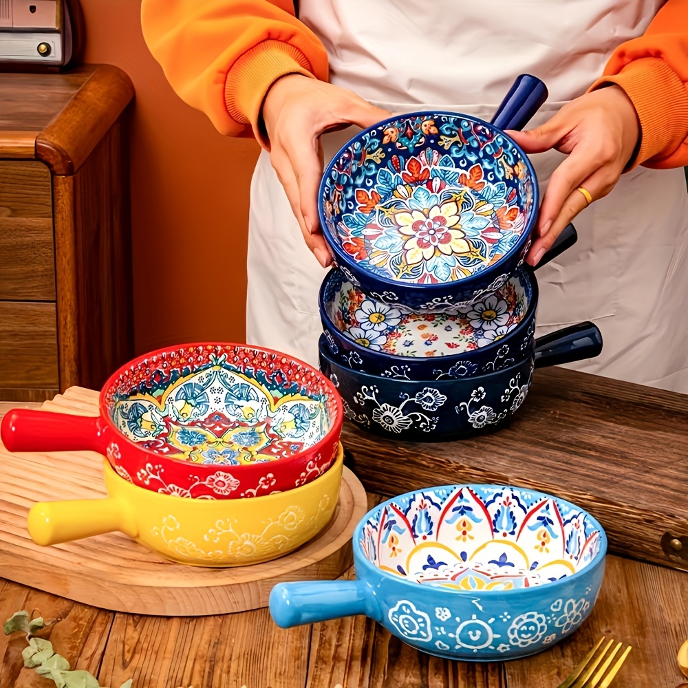 E-shop 4 Stück 24 cm Böhmische Untergründige Schüsseln mit Griffen, Geprägte Suppenschalen, Mikrowellengeeignet für Zuhause Küche Restaurant Hotel,