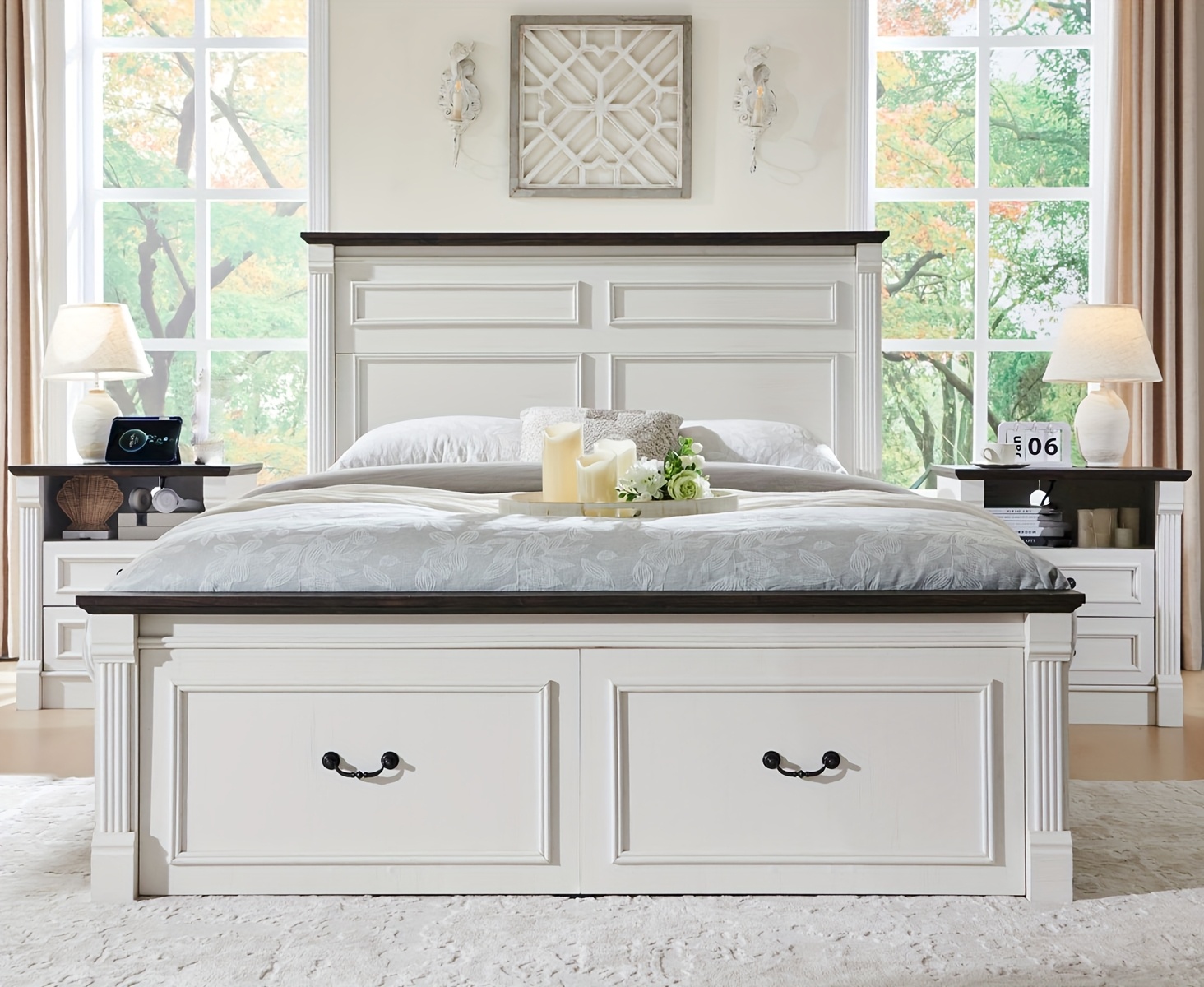 Farmhouse King/ Queen/ Full Size Bed Frame with Tall Headboard, Wood Platform Bed Frame with 20