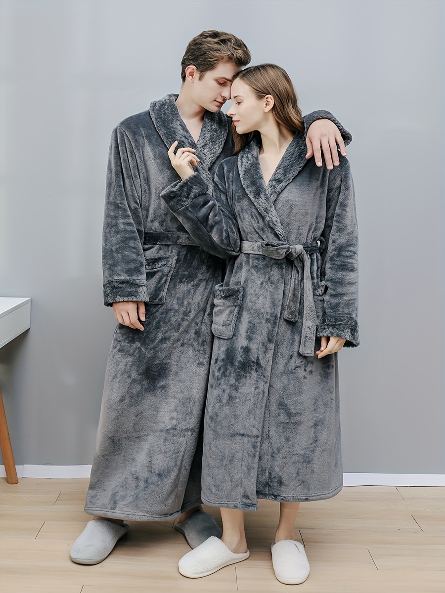 1pc Bathrobe Women or Men Plus Size for Winter & Spring & Autumn, No Hooded, Grey, Long, Flip Collar, Plush Robe for Bathroom, Bedroom, Thicken Flannel Towel for Shower, Sleepwear Gown, Can As Couple Home Clothes Robes