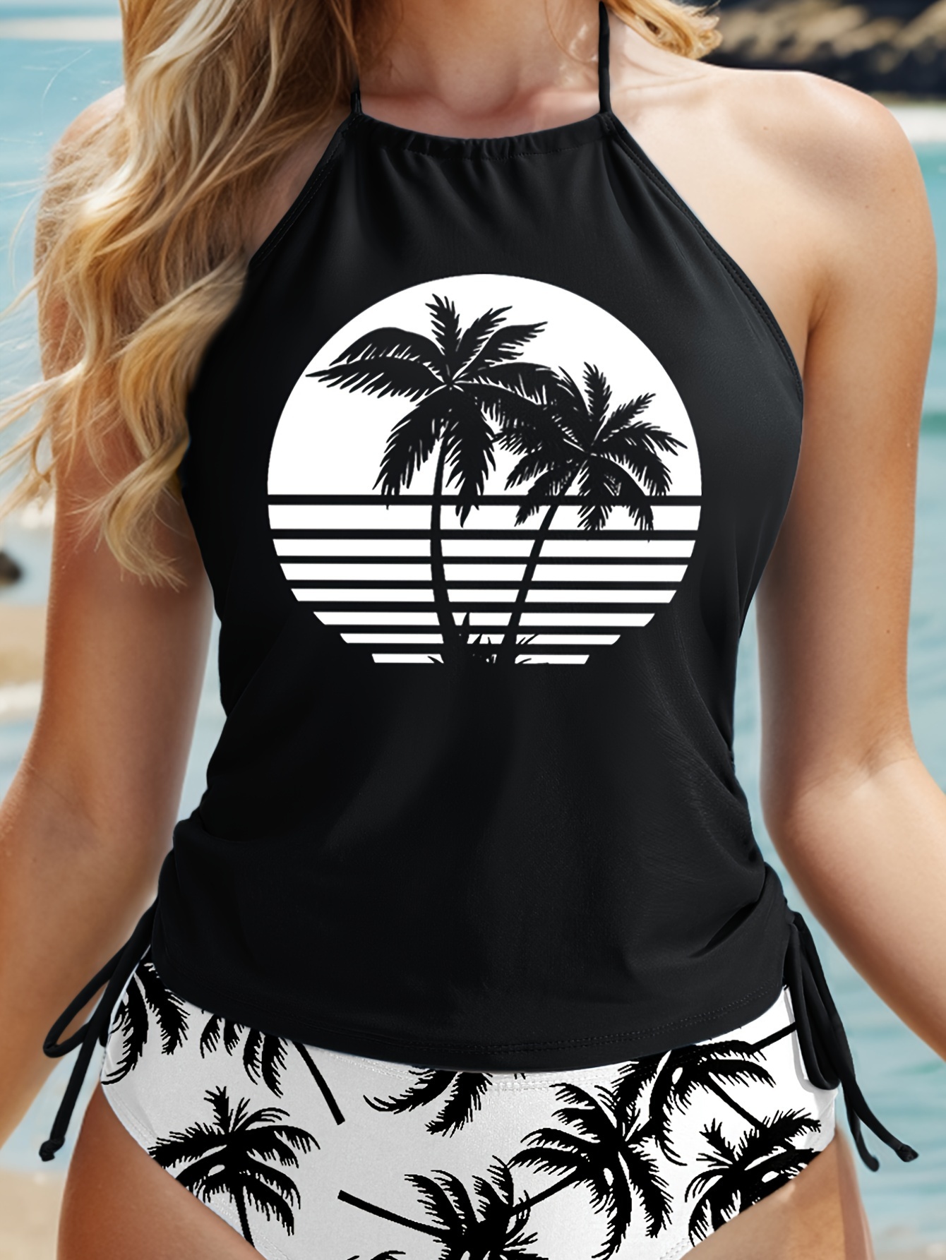 Coconut Tree Sunset Pattern Drawstring Swimsuit Halter Tie - Temu